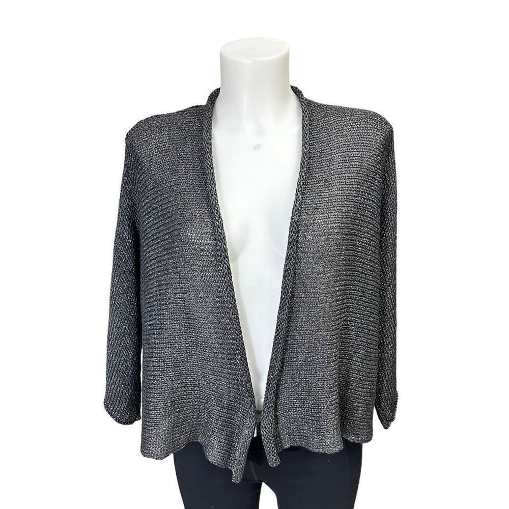 EILEEN FISHER Metallic Gray Loose‎ Knit Open Front Cropped Cardigan sz XS